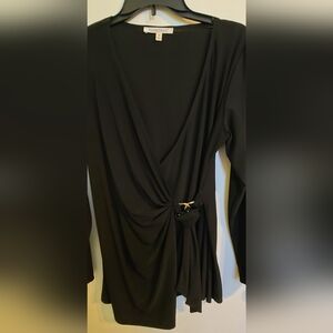 TravelSmith top, black,  wrap front , gold metal clasp XL